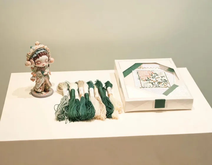 Minimal Dmc collectible figurine and embroidery kit arrangement